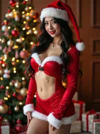 a woman dressed in a seductive Mrs. Claus outfit, posing with Christmas decorations, fishnet stockings