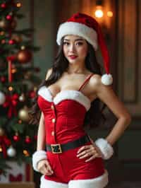 woman wearing (naughty Christmas) (sexy Christmas costume) Santa outfit posing for photo