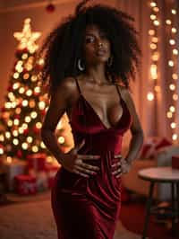 woman wearing (naughty Christmas) (sexy Christmas costume) (velvet dress) (Christmas outfit), festive outfit posing for photo, background is Christmas decorations and lights