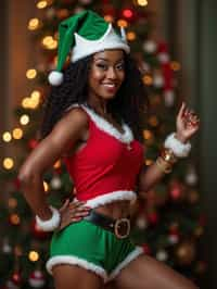 woman wearing (naughty Christmas) (sexy Christmas costume) elf outfit posing for photo