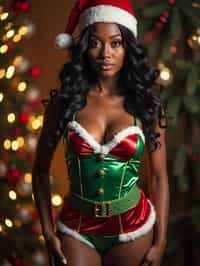 woman wearing (naughty Christmas) (sexy Christmas costume) elf outfit posing for photo