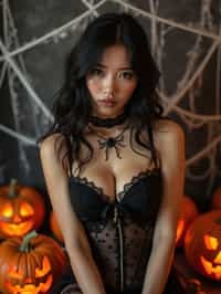 woman wearing (naughty halloween) (sexy halloween costume) (stockings) (halloween outfit), spooky outfit posing for photo, background is halloween pumpkins and spiderwebs