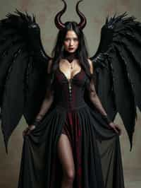 a woman dressed as an angel poses for a picture, dark angel, angel knight gothic girl, dark gothic dress, very sexy devil outfit, full body devil woman, gothic woman dressed in black and red, megan fox witch queen, raven winged female vampire, villainess has black angel wings, gothic outfit, tall female angel, gothic dress, fallen angel, winged woman angel, fishnet stockings