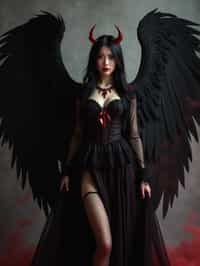 a woman dressed as an angel poses for a picture, dark angel, angel knight gothic girl, dark gothic dress, very sexy devil outfit, full body devil woman, gothic woman dressed in black and red, megan fox witch queen, raven winged female vampire, villainess has black angel wings, gothic outfit, tall female angel, gothic dress, fallen angel, winged woman angel, fishnet stockings