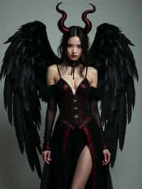 a woman dressed as an angel poses for a picture, dark angel, angel knight gothic girl, dark gothic dress, very sexy devil outfit, full body devil woman, gothic woman dressed in black and red, megan fox witch queen, raven winged female vampire, villainess has black angel wings, gothic outfit, tall female angel, gothic dress, fallen angel, winged woman angel, fishnet stockings