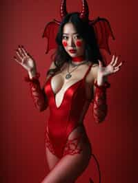 woman wearing (naughty halloween) (sexy halloween costume) red devil outfit posing for photo