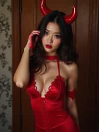 woman wearing (naughty halloween) (sexy halloween costume) red devil outfit posing for photo