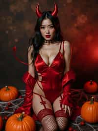 a woman wearing sexy halloween costume, (silk red bodysuit), stockings, red devil, red devil horns, lingerie, fishnets, spiderwebs, pumpkins, (camera flash light)