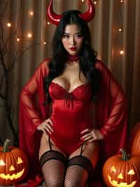 a woman wearing sexy halloween costume, (silk red bodysuit), stockings, red devil, red devil horns, lingerie, fishnets, spiderwebs, pumpkins, (camera flash light)