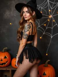 woman wearing (naughty halloween) (sexy halloween costume) (fishnet bodystockings) (halloween outfit), spooky outfit posing for photo, background is halloween pumpkins and spiderwebs