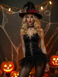 woman wearing (naughty halloween) (sexy halloween costume) (stockings) (halloween outfit), spooky outfit posing for photo, background is halloween pumpkins and spiderwebs