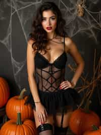 woman wearing (naughty halloween) (sexy halloween costume) (stockings) (halloween outfit), spooky outfit posing for photo, background is halloween pumpkins and spiderwebs