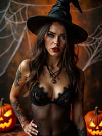 woman wearing (naughty halloween) (sexy halloween costume) (halloween outfit), spooky outfit posing for photo, background is halloween pumpkins and spiderwebs