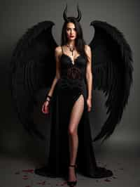 a woman dressed as an angel poses for a picture, dark angel, angel knight gothic girl, dark gothic dress, very sexy devil outfit, full body devil woman, gothic woman dressed in black and red, megan fox witch queen, raven winged female vampire, villainess has black angel wings, gothic outfit, tall female angel, gothic dress, fallen angel, winged woman angel, fishnet stockings