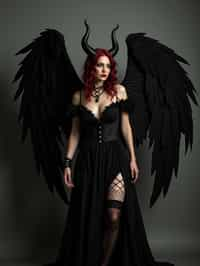 a woman dressed as an angel poses for a picture, dark angel, angel knight gothic girl, dark gothic dress, very sexy devil outfit, full body devil woman, gothic woman dressed in black and red, megan fox witch queen, raven winged female vampire, villainess has black angel wings, gothic outfit, tall female angel, gothic dress, fallen angel, winged woman angel, fishnet stockings