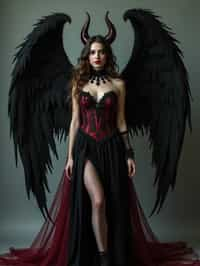 a woman dressed as an angel poses for a picture, dark angel, angel knight gothic girl, dark gothic dress, very sexy devil outfit, full body devil woman, gothic woman dressed in black and red, megan fox witch queen, raven winged female vampire, villainess has black angel wings, gothic outfit, tall female angel, gothic dress, fallen angel, winged woman angel, fishnet stockings