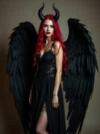 a woman dressed as an angel poses for a picture, dark angel, angel knight gothic girl, dark gothic dress, very sexy devil outfit, full body devil woman, gothic woman dressed in black and red, megan fox witch queen, raven winged female vampire, villainess has black angel wings, gothic outfit, tall female angel, gothic dress, fallen angel, winged woman angel, fishnet stockings