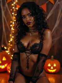 woman wearing (naughty halloween) (sexy halloween costume) (lingerie) (halloween outfit), spooky outfit posing for photo, background is halloween pumpkins and spiderwebs