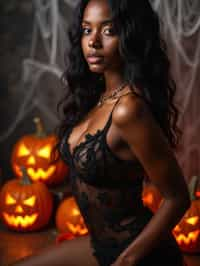 woman wearing (naughty halloween) (sexy halloween costume) (lingerie) (halloween outfit), spooky outfit posing for photo, background is halloween pumpkins and spiderwebs