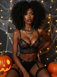 woman wearing (naughty halloween) (sexy halloween costume) (lingerie) (halloween outfit), spooky outfit posing for photo, background is halloween pumpkins and spiderwebs