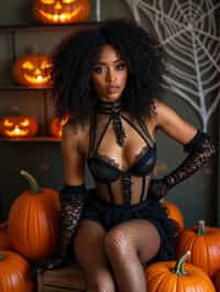 woman wearing (naughty halloween) (sexy halloween costume) (fishnet bodystockings) (halloween outfit), spooky outfit posing for photo, background is halloween pumpkins and spiderwebs