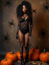 woman wearing (naughty halloween) (sexy halloween costume) (fishnet bodystockings) (halloween outfit), spooky outfit posing for photo, background is halloween pumpkins and spiderwebs