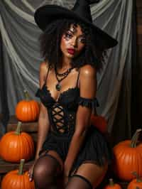 woman wearing (naughty halloween) (sexy halloween costume) (stockings) (halloween outfit), spooky outfit posing for photo, background is halloween pumpkins and spiderwebs