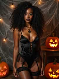 woman wearing (naughty halloween) (sexy halloween costume) (stockings) (halloween outfit), spooky outfit posing for photo, background is halloween pumpkins and spiderwebs