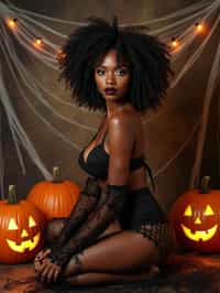 woman wearing (naughty halloween) (sexy halloween costume) (stockings) (halloween outfit), spooky outfit posing for photo, background is halloween pumpkins and spiderwebs