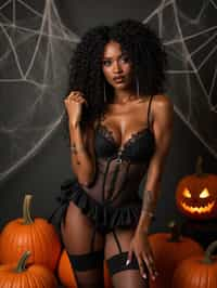 woman wearing (naughty halloween) (sexy halloween costume) (stockings) (halloween outfit), spooky outfit posing for photo, background is halloween pumpkins and spiderwebs