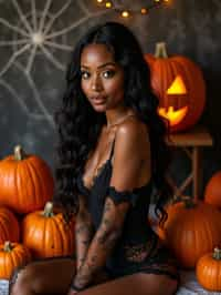 woman wearing (naughty halloween) (sexy halloween costume) (halloween outfit), spooky outfit posing for photo, background is halloween pumpkins and spiderwebs