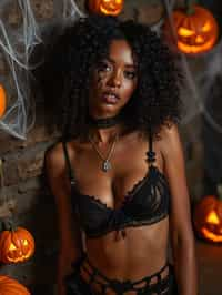 woman wearing (naughty halloween) (sexy halloween costume) (halloween outfit), spooky outfit posing for photo, background is halloween pumpkins and spiderwebs