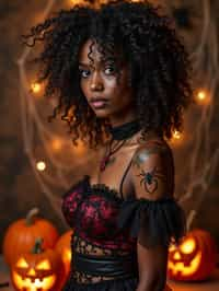 woman wearing (naughty halloween) (sexy halloween costume) (halloween outfit), spooky outfit posing for photo, background is halloween pumpkins and spiderwebs