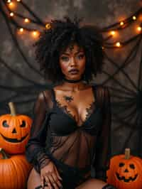 woman wearing (naughty halloween) (sexy halloween costume) (halloween outfit), spooky outfit posing for photo, background is halloween pumpkins and spiderwebs