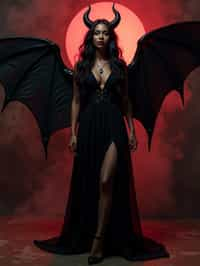 a woman dressed as an angel poses for a picture, dark angel, angel knight gothic girl, dark gothic dress, very sexy devil outfit, full body devil woman, gothic woman dressed in black and red, megan fox witch queen, raven winged female vampire, villainess has black angel wings, gothic outfit, tall female angel, gothic dress, fallen angel, winged woman angel, fishnet stockings