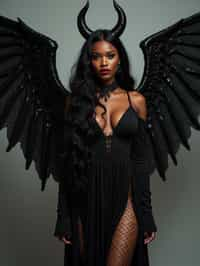 a woman dressed as an angel poses for a picture, dark angel, angel knight gothic girl, dark gothic dress, very sexy devil outfit, full body devil woman, gothic woman dressed in black and red, megan fox witch queen, raven winged female vampire, villainess has black angel wings, gothic outfit, tall female angel, gothic dress, fallen angel, winged woman angel, fishnet stockings