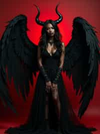 a woman dressed as an angel poses for a picture, dark angel, angel knight gothic girl, dark gothic dress, very sexy devil outfit, full body devil woman, gothic woman dressed in black and red, megan fox witch queen, raven winged female vampire, villainess has black angel wings, gothic outfit, tall female angel, gothic dress, fallen angel, winged woman angel, fishnet stockings