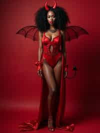 woman wearing (naughty halloween) (sexy halloween costume) red devil outfit posing for photo