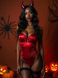 a woman wearing sexy halloween costume, (silk red bodysuit), stockings, red devil, red devil horns, lingerie, fishnets, spiderwebs, pumpkins, (camera flash light)