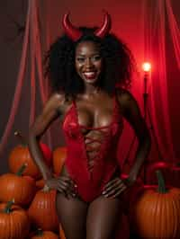 a woman wearing sexy halloween costume, (silk red bodysuit), stockings, red devil, red devil horns, lingerie, fishnets, spiderwebs, pumpkins, (camera flash light)