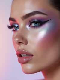 close-up of Futuristic makeup with metallic eyeshadow and sharp contouring. set against a soft, pastel background