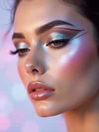 close-up of Futuristic makeup with metallic eyeshadow and sharp contouring. set against a soft, pastel background