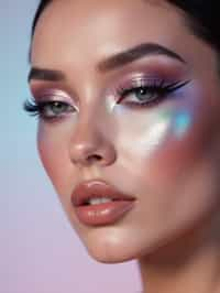 close-up of Futuristic makeup with metallic eyeshadow and sharp contouring. set against a soft, pastel background