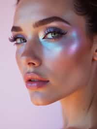 close-up of Futuristic makeup with metallic eyeshadow and sharp contouring. set against a soft, pastel background