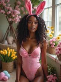 Model wearing (naughty bunny) (sexy Easter costume) (velvet bodysuit) (bunny ears) with a festive spring backdrop full of blooming flowers and Easter decorations.