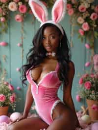 Model wearing (naughty bunny) (sexy Easter costume) (velvet bodysuit) (bunny ears) with a festive spring backdrop full of blooming flowers and Easter decorations.
