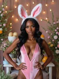 Model wearing (naughty bunny) (sexy Easter costume) (velvet bodysuit) (bunny ears) with a festive spring backdrop full of blooming flowers and Easter decorations.