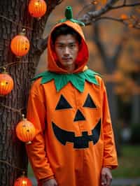 A man wearing a pumpkin-themed costume, standing beside a decorated Halloween tree and festive lanterns.