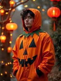 A man wearing a pumpkin-themed costume, standing beside a decorated Halloween tree and festive lanterns.