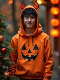 A man wearing a pumpkin-themed costume, standing beside a decorated Halloween tree and festive lanterns.